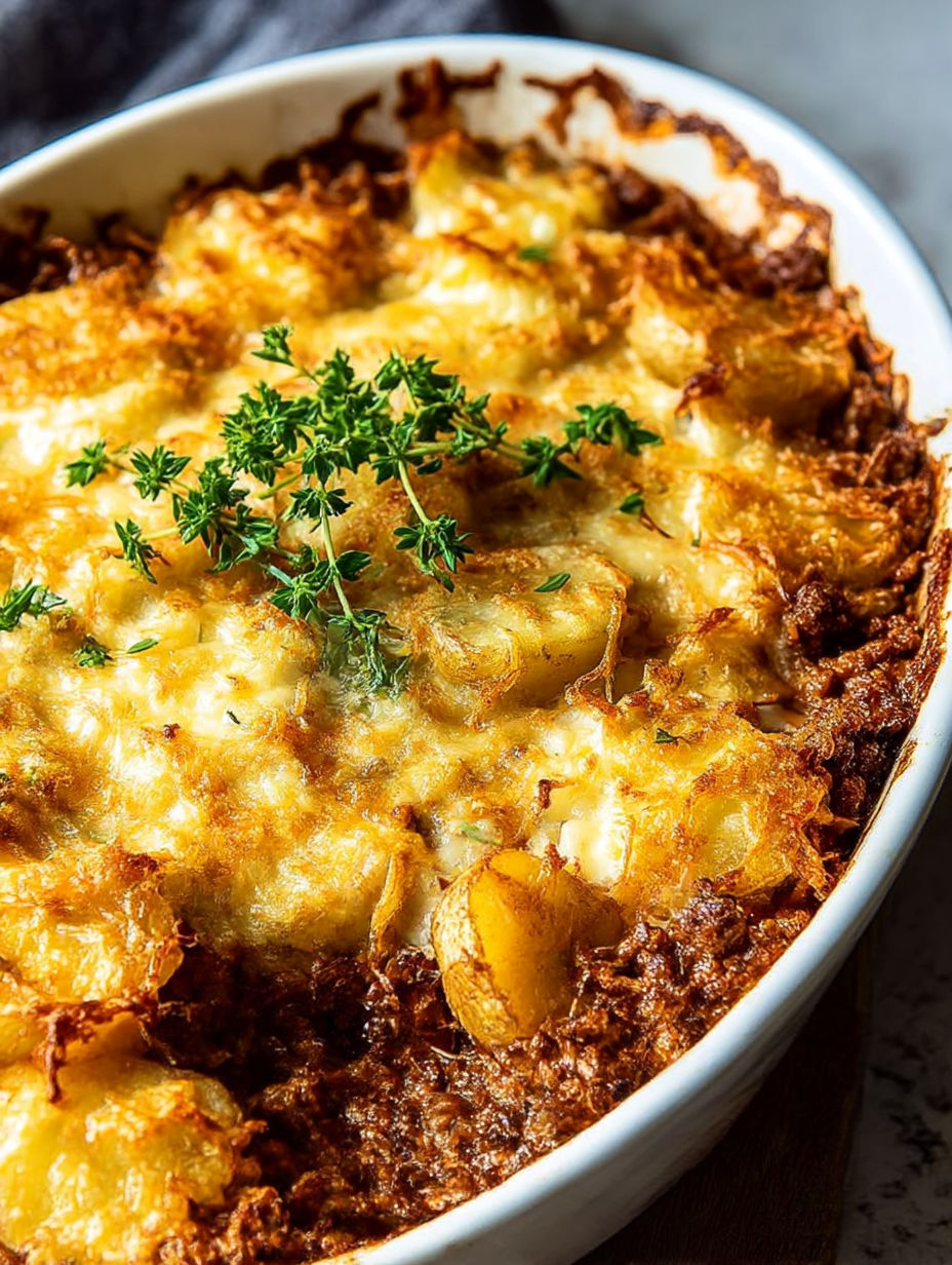 Un tazón de cazuela hobo con una hierba verde encima.