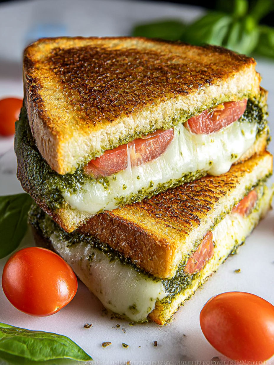Una pila de sándwiches de queso a la parrilla con pesto.