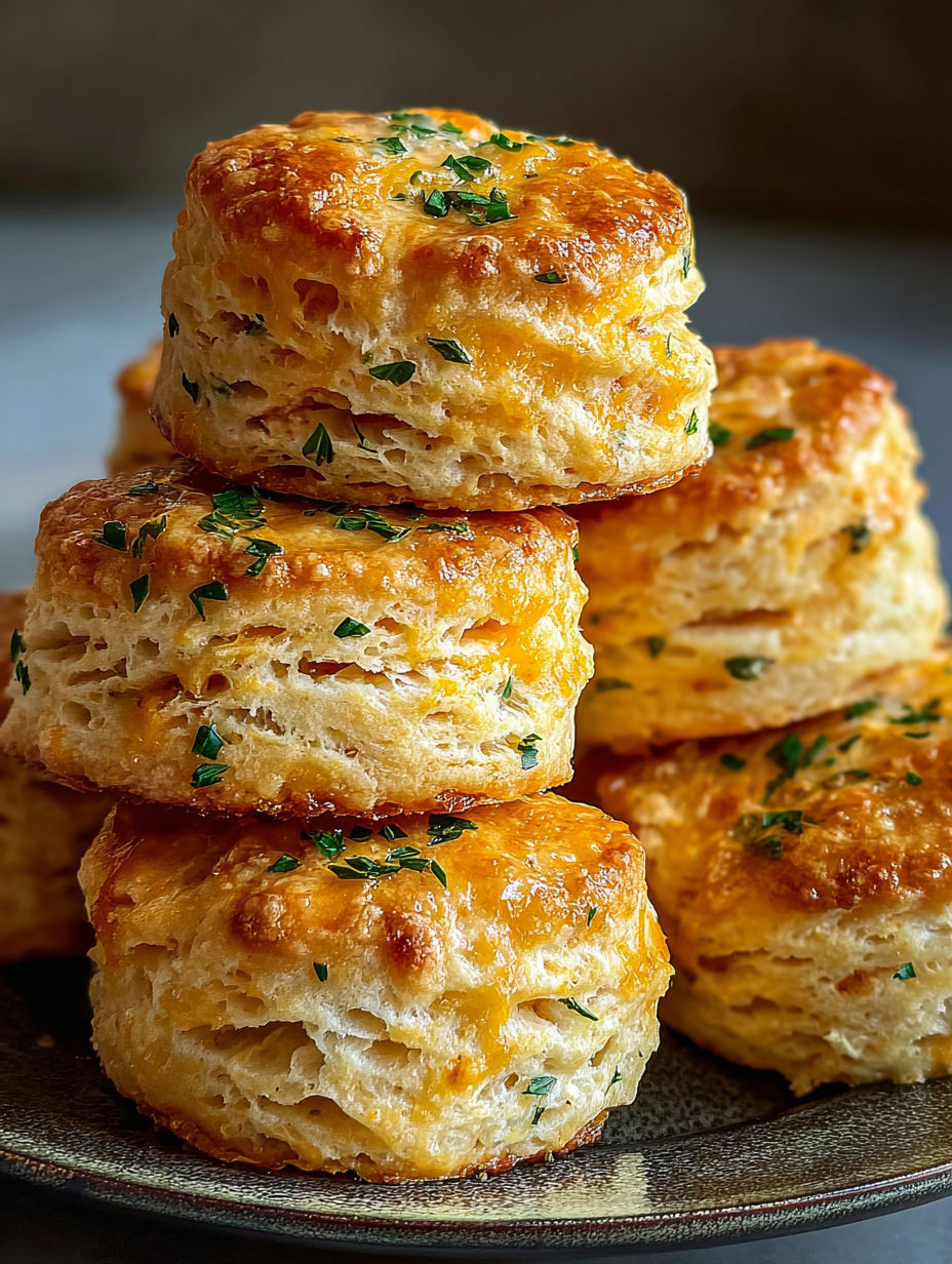 Montón de biscuits con cheddar y hierbas que saltan a la vista.