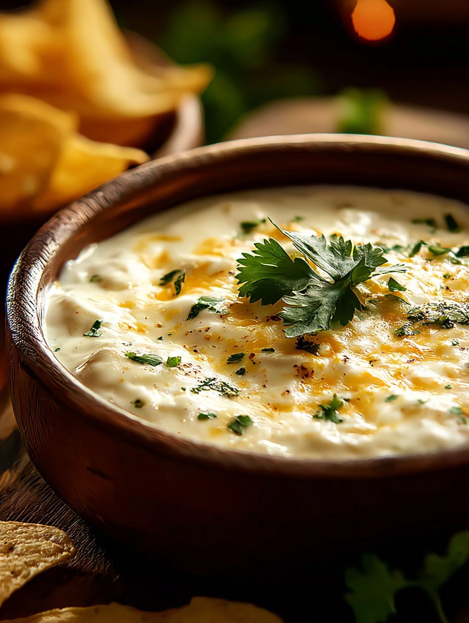 Un bol con dip de queso blanco mexicano decorado con cilantro.