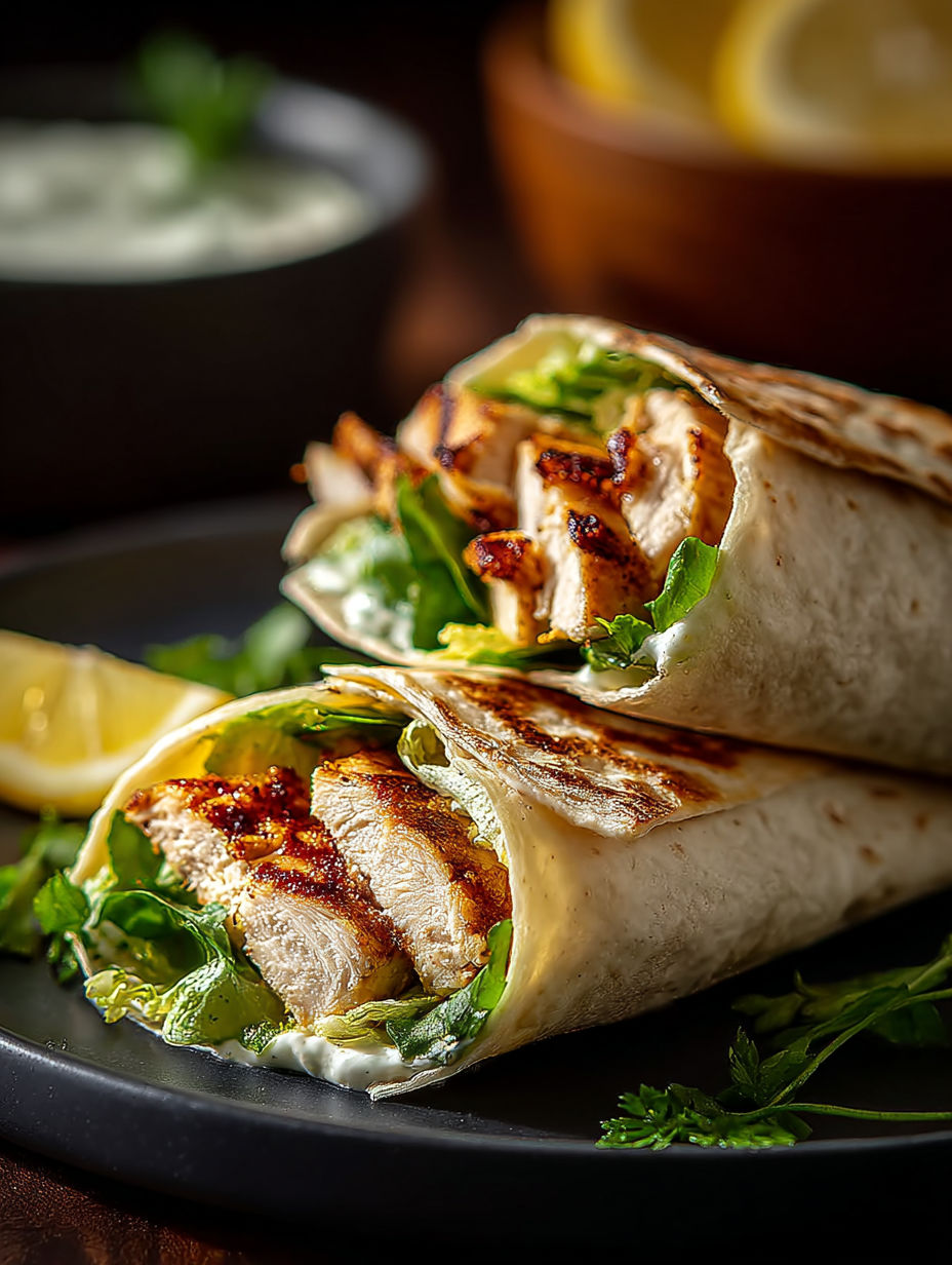 Un wrap delicioso de pollo con lechuga y limón.