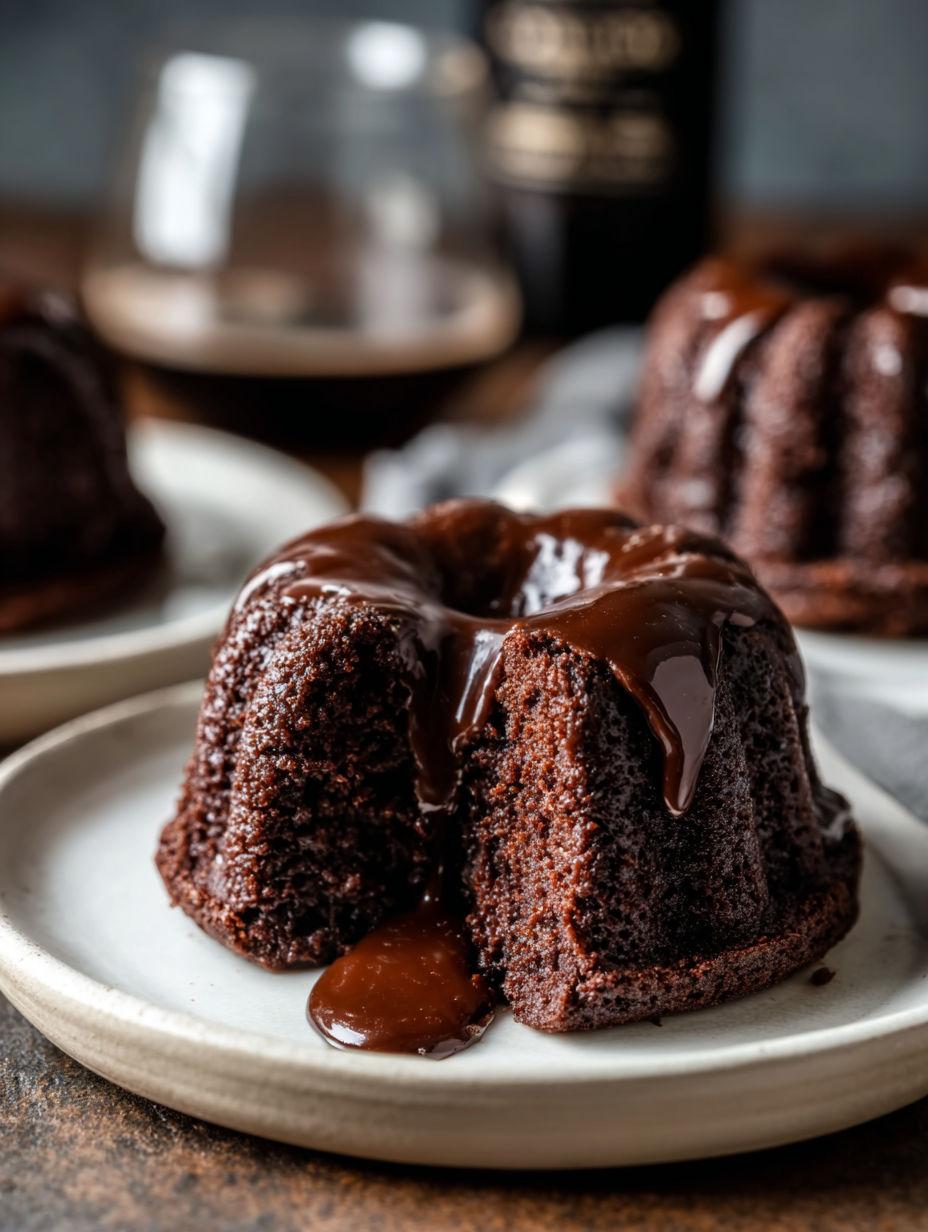 Tres bundt de chocolate con glaseado de chocolate.