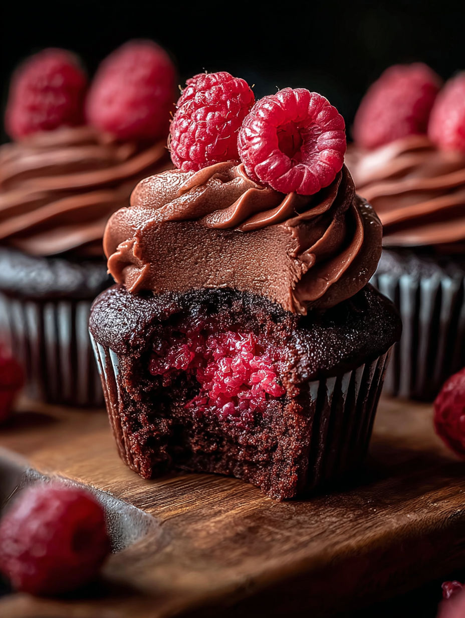 Un cupcake de chocolate con una frambuesa encima.