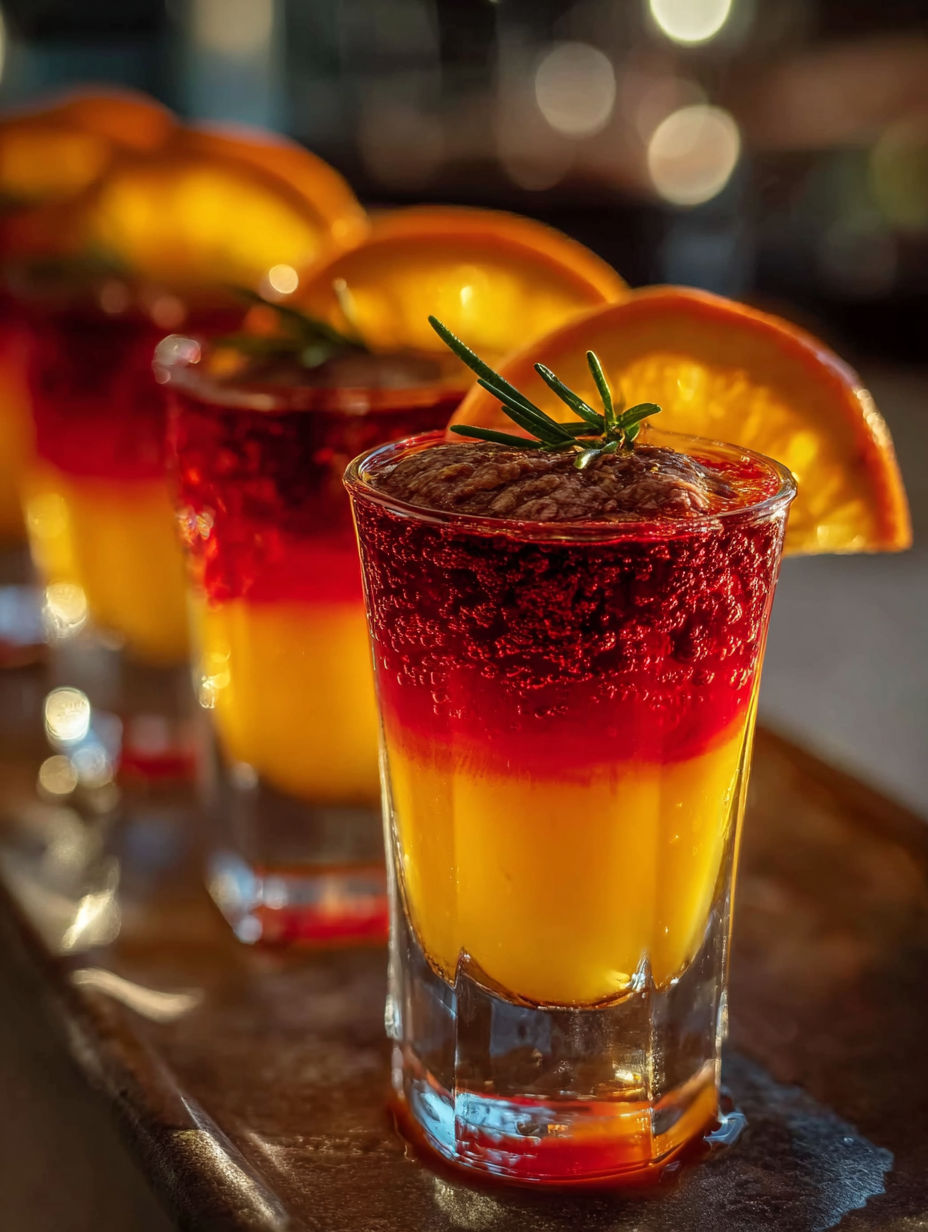 Un vaso con líquido rojo y amarillo.