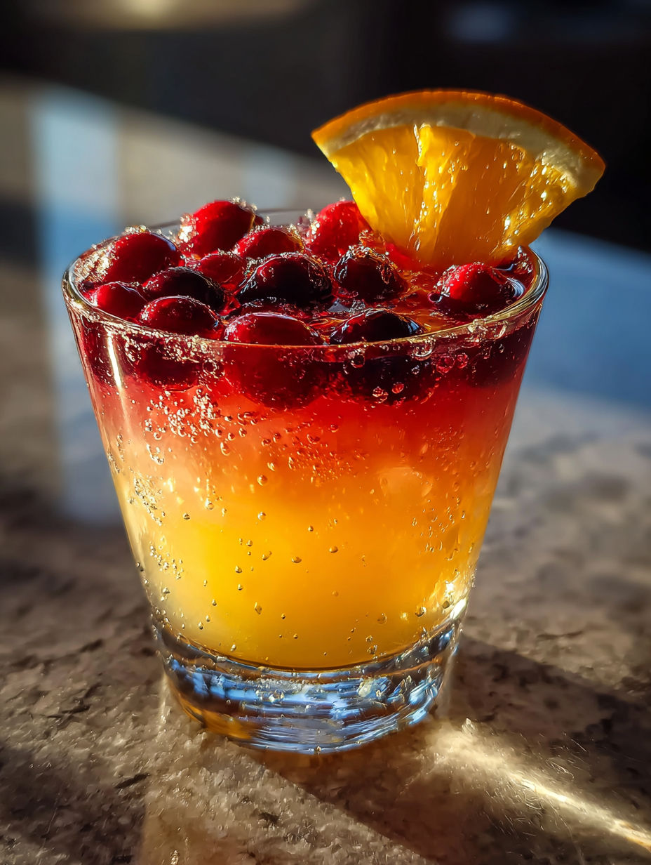 Una copa de vino tinto con una rodaja de naranja arriba.