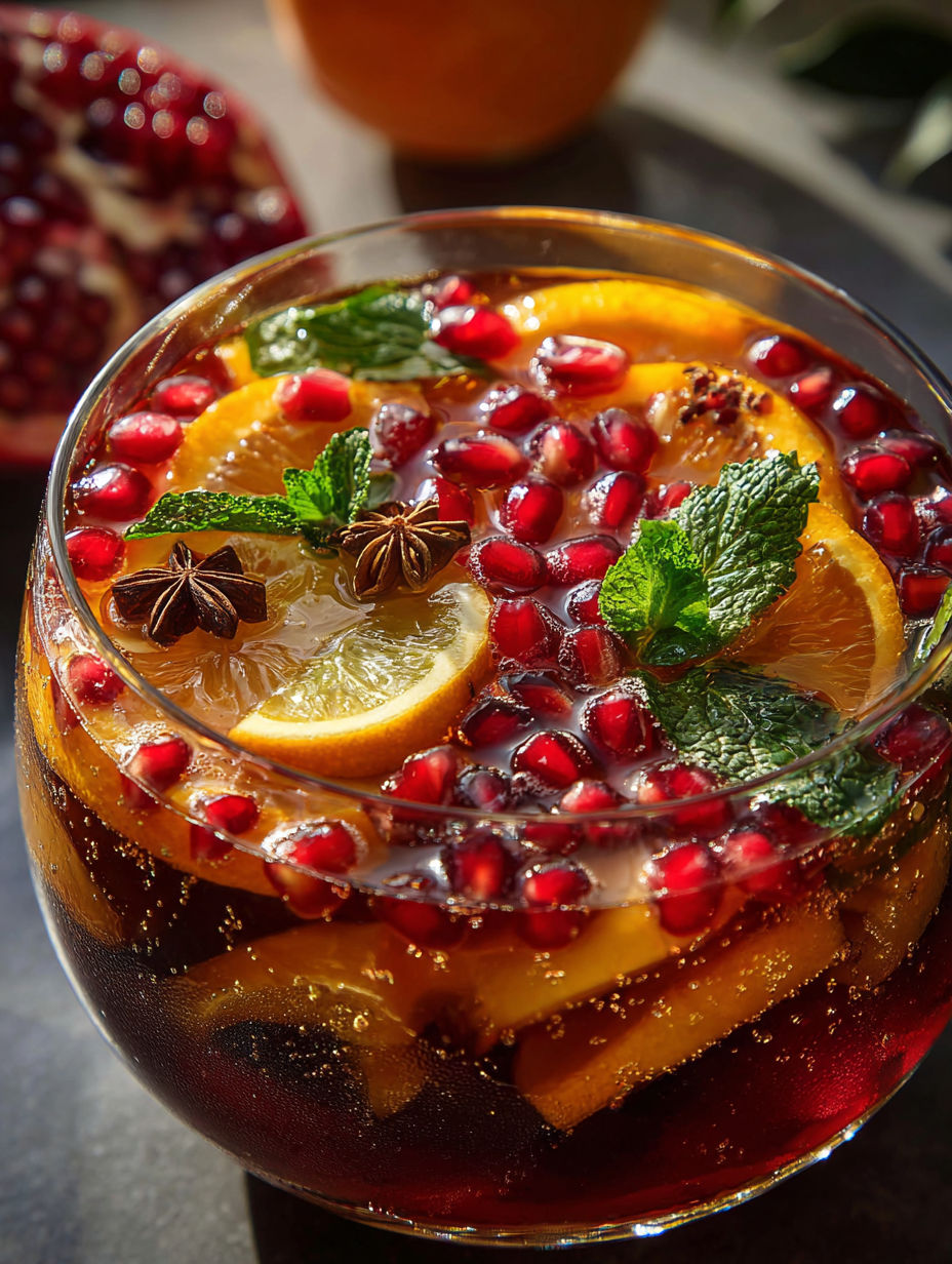 Un vaso con fruta y una rodaja de limón.