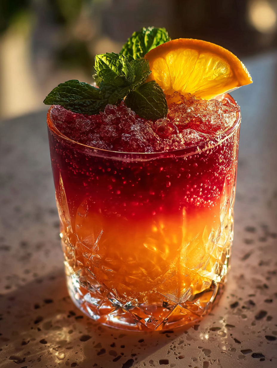 Un vaso con bebida sin alcohol adornado con naranja y menta.