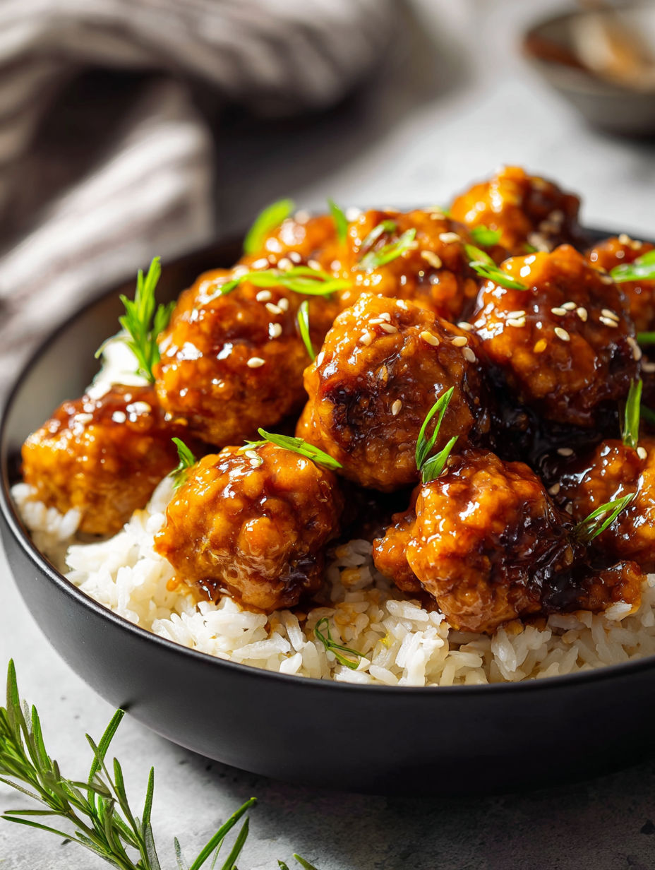 Un tazón con albóndigas y arroz.