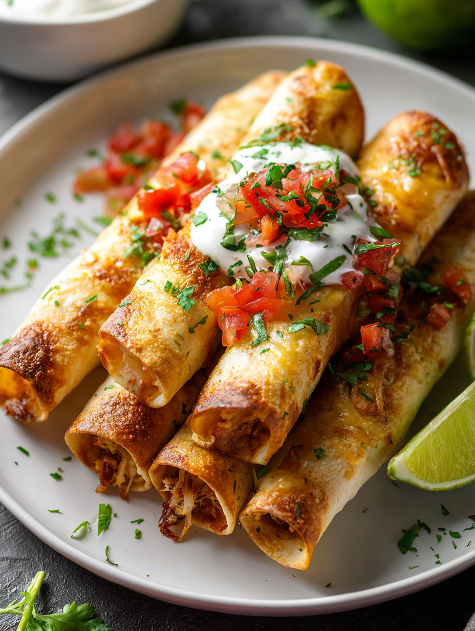 Taquitos de pollo con crema y jitomates.