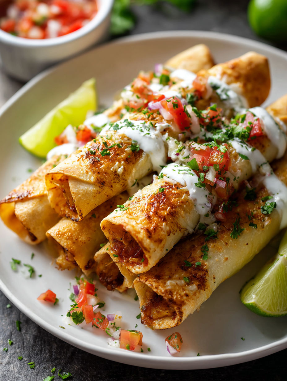 Plato de taquitos de pollo con salsa blanca y jitomates.