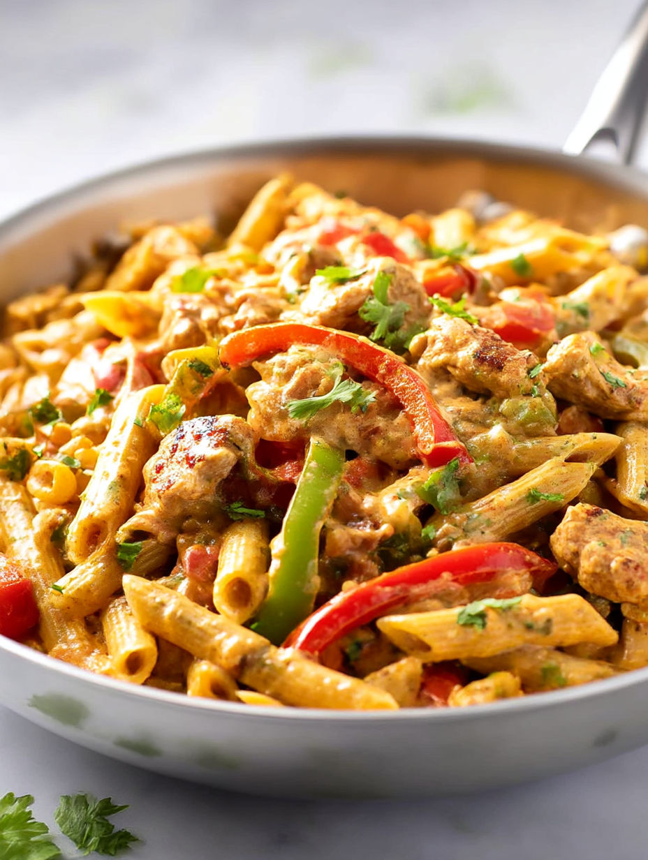 Un plato de pasta con fajitas de pollo.