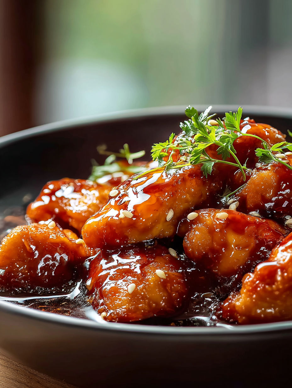 Un plato de pollo cubierto con salsa.