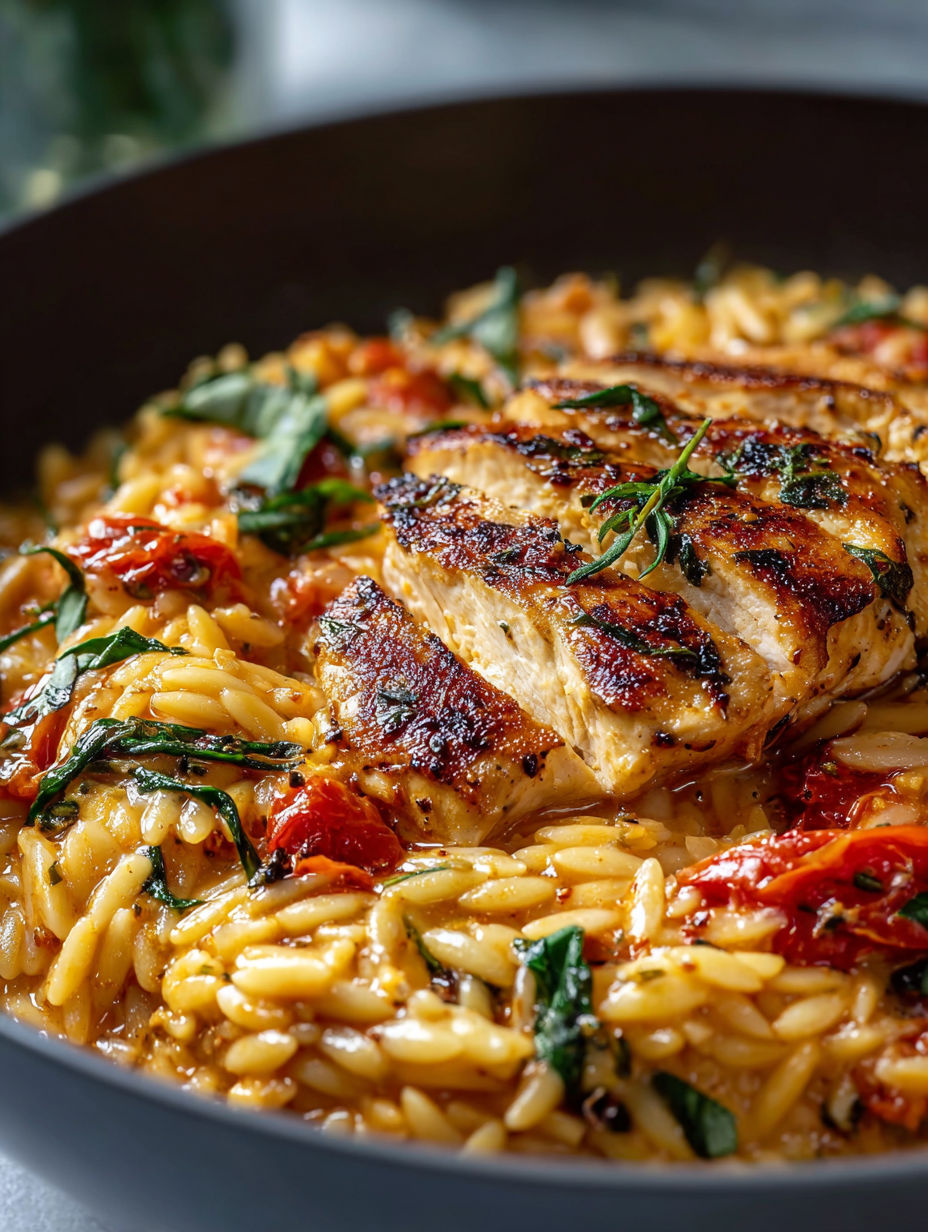 Un plato delicioso de pollo con orzo.