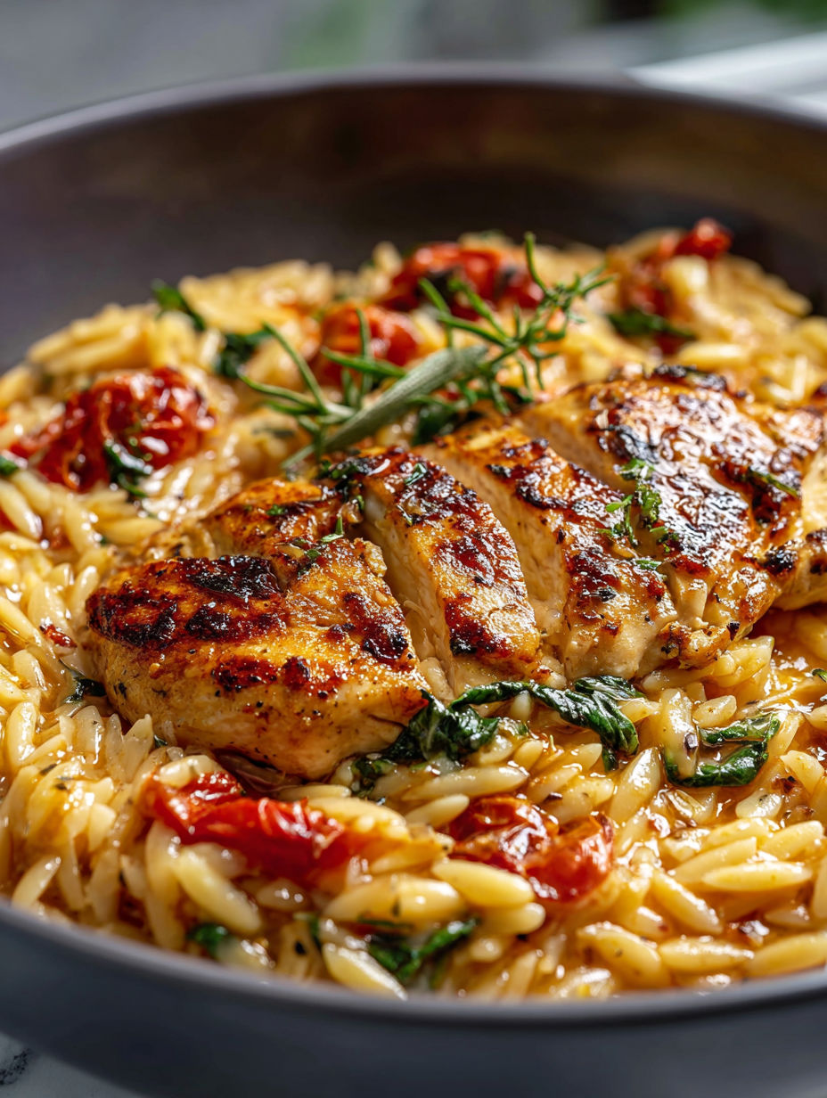 Un plato delicioso de pollo con orzo.