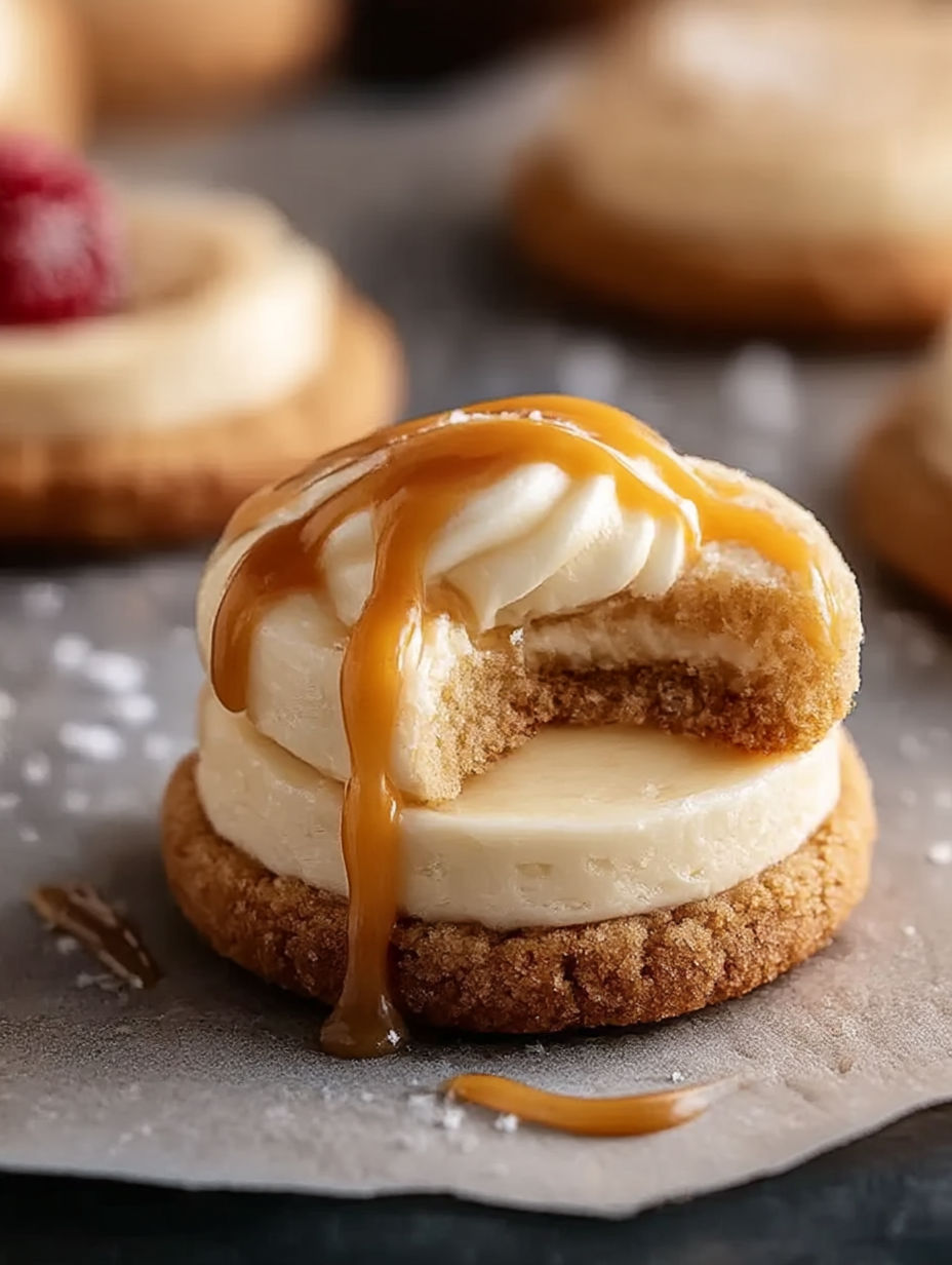 Una galleta con caramelo vertido encima muy cerca.