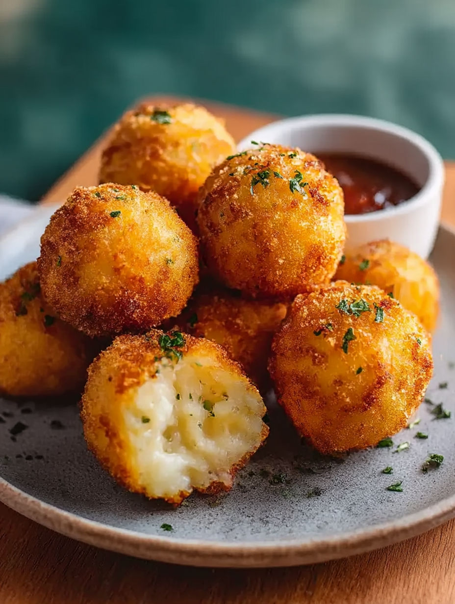 Un plato con croquetas de papa y queso.