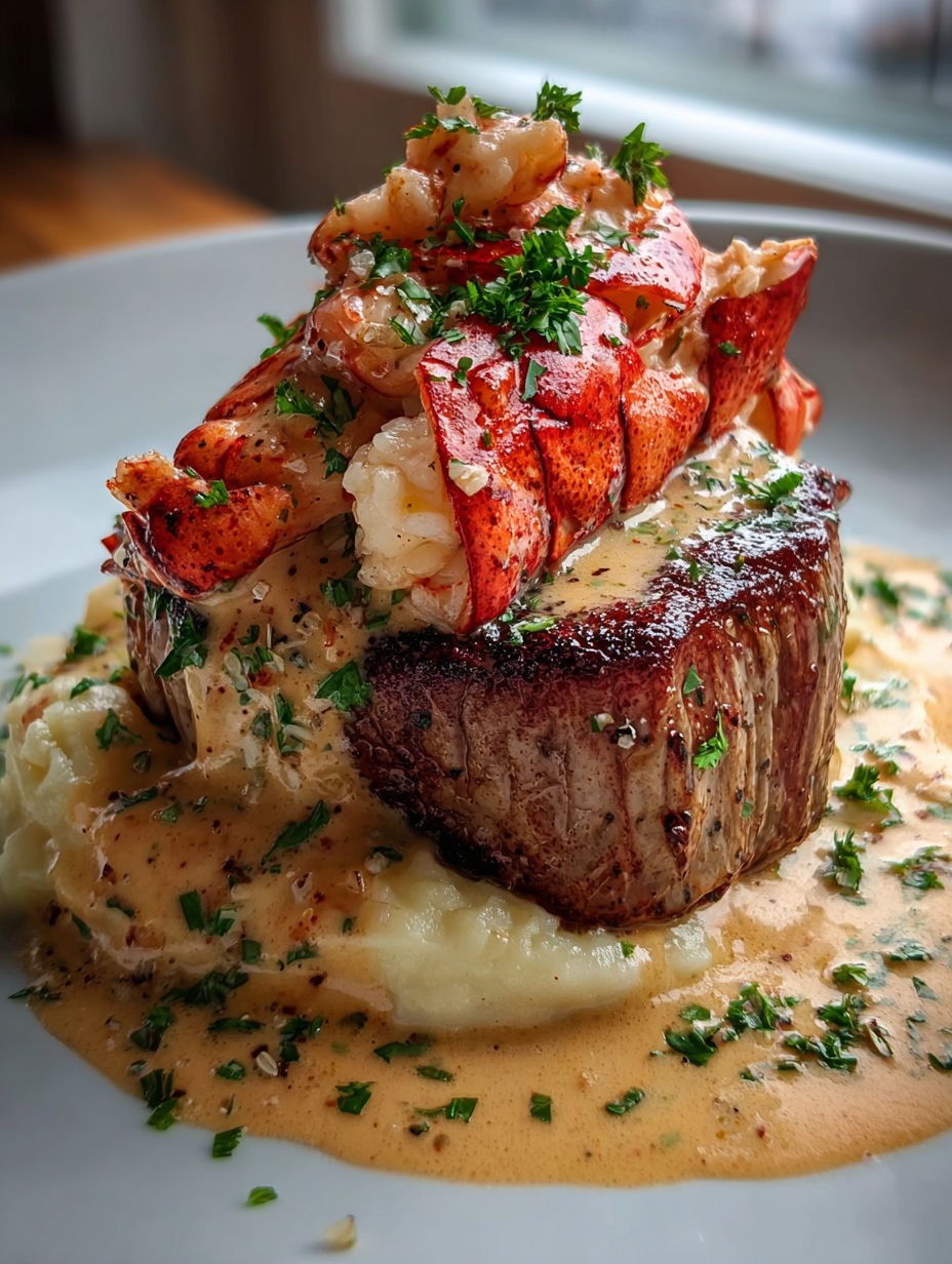 Un plato con langosta y salsa cremosa.