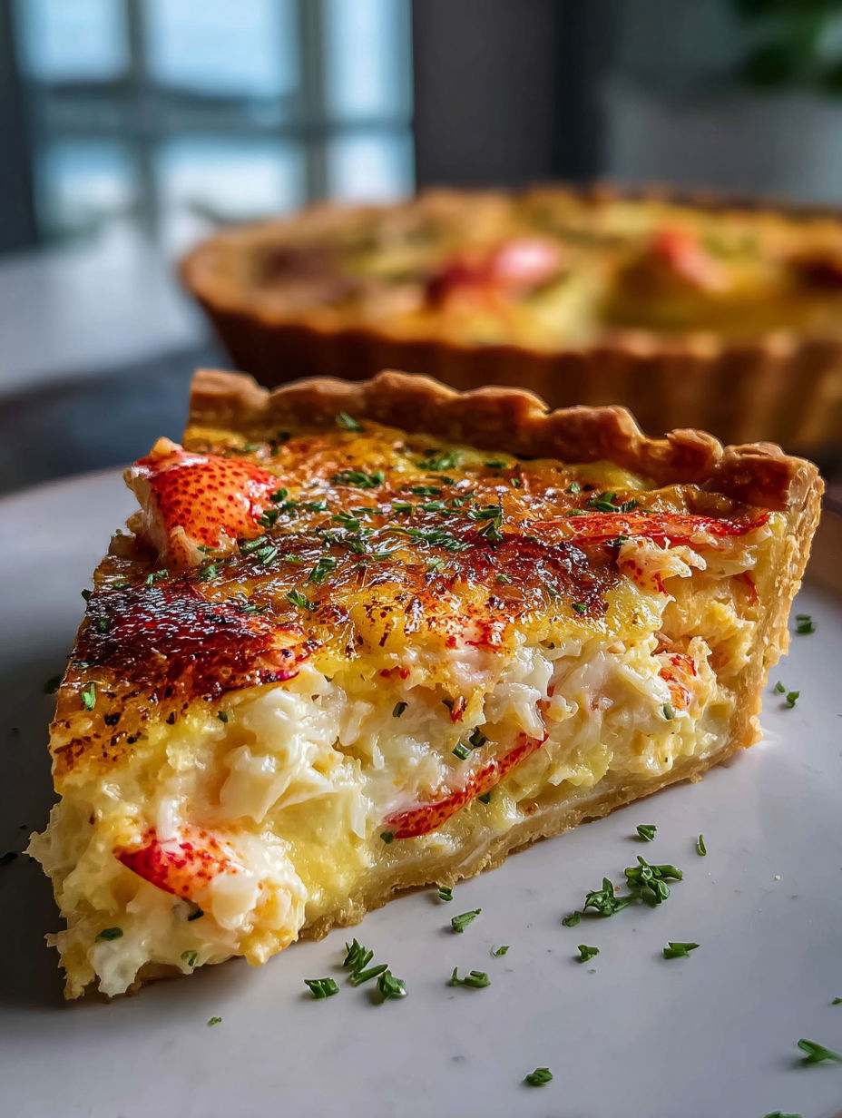 Una porción de quiche de langosta en un plato.