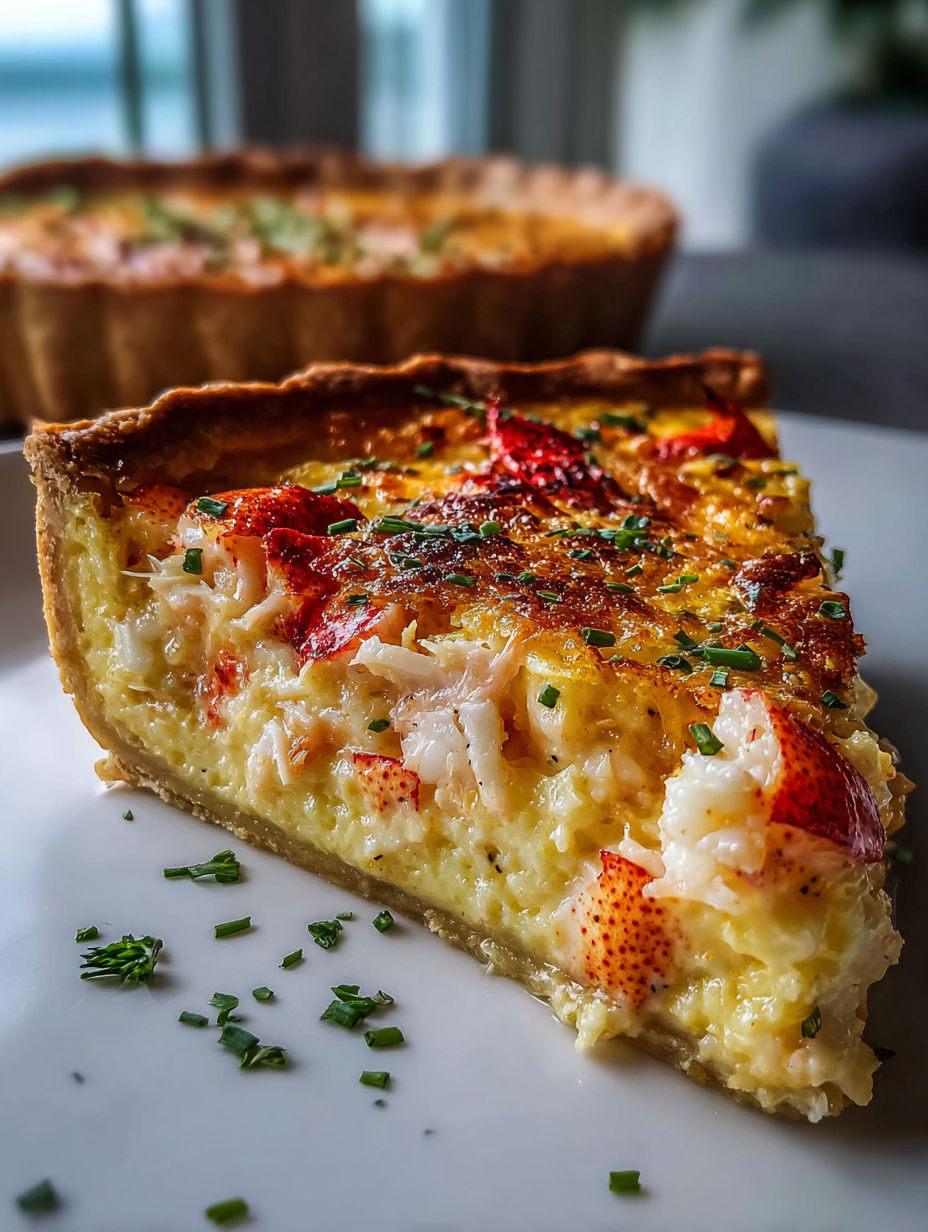 Porción de quiche de langosta en un plato.