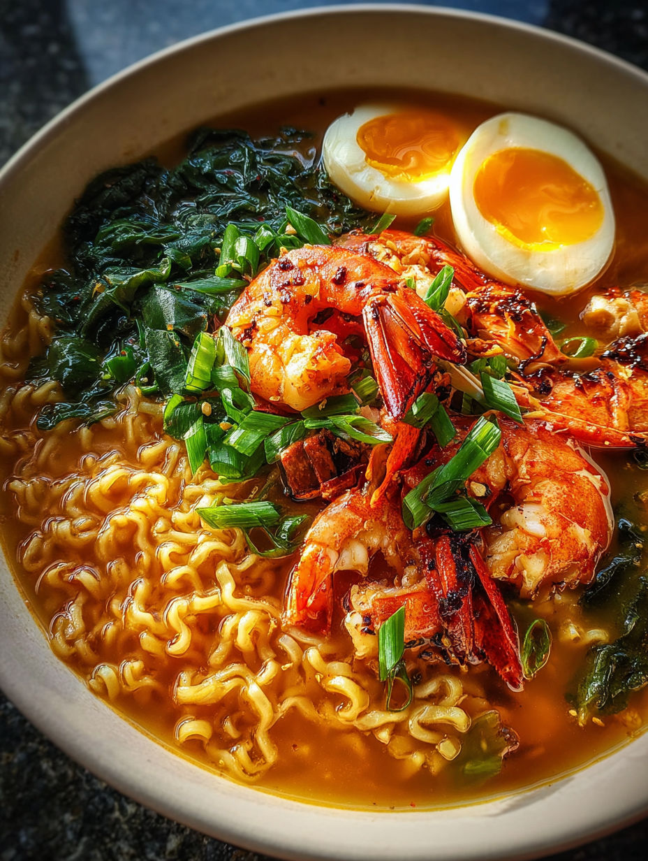 Un tazón de ramen con langosta, camarones y huevo.