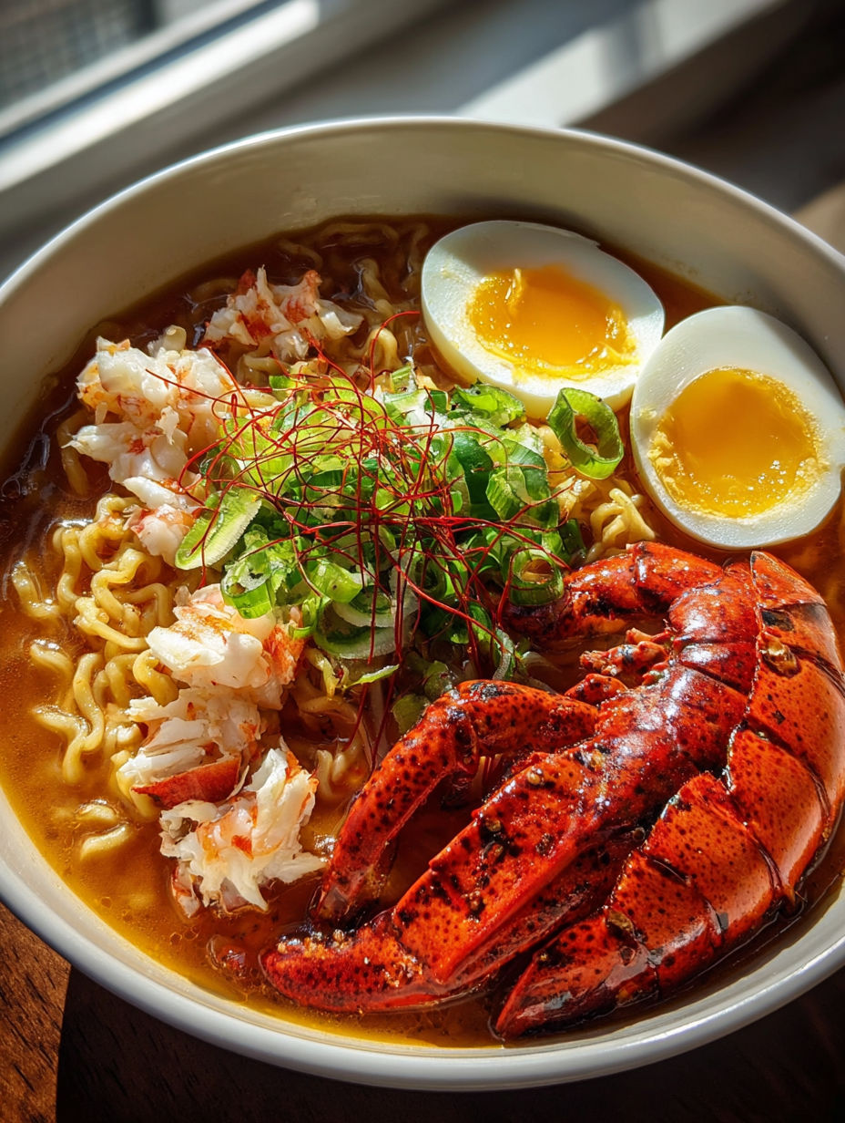 Un tazón de ramen con langosta, huevos y mariscos.
