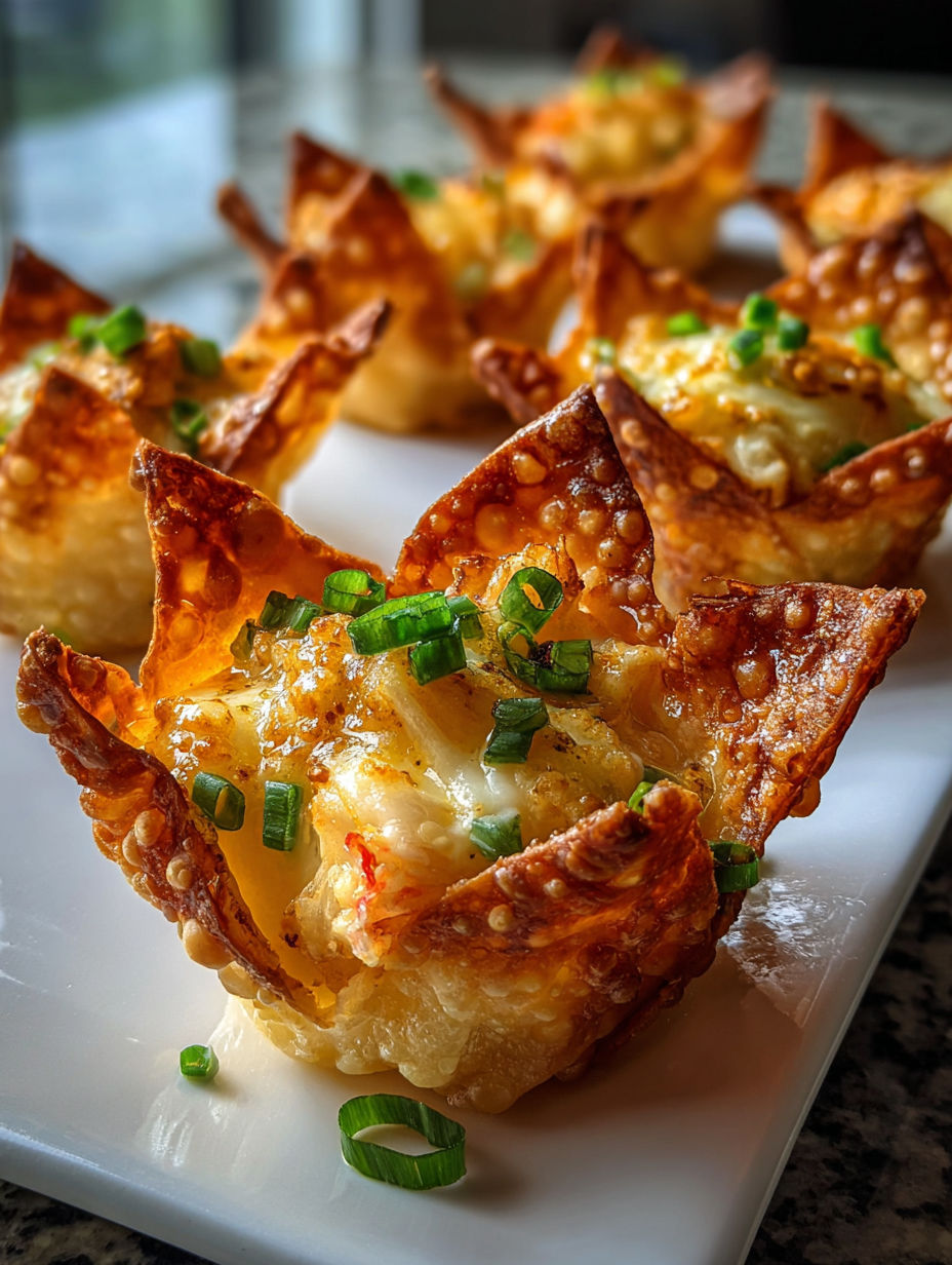 Un plato con lobster rangoon.