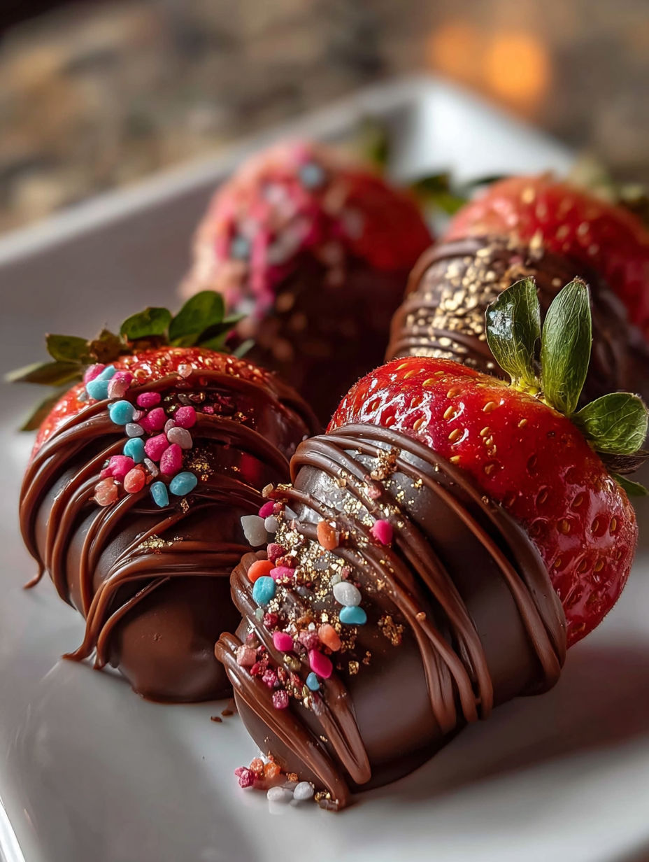 Fresas bañadas en chocolate con confites.