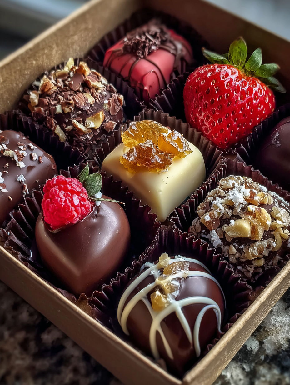 Una caja con varios chocolates y fruta.