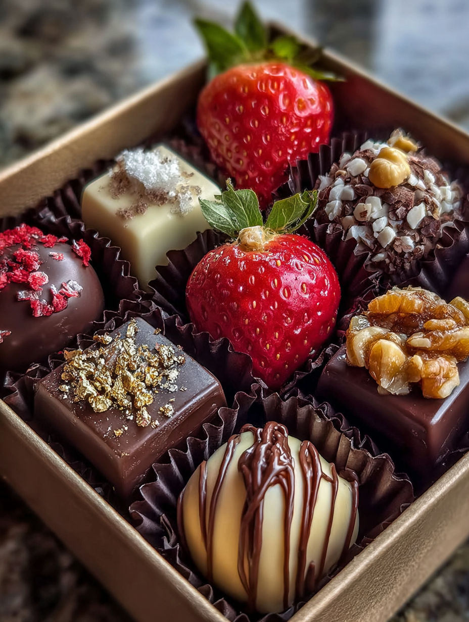 Una caja de chocolates con fresas y nueces.