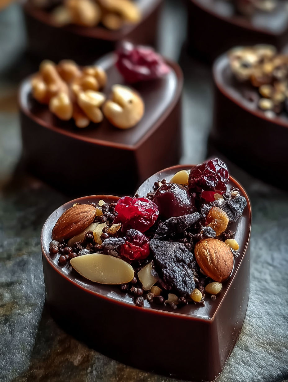 Un corazón de chocolate con nueces y frutas.