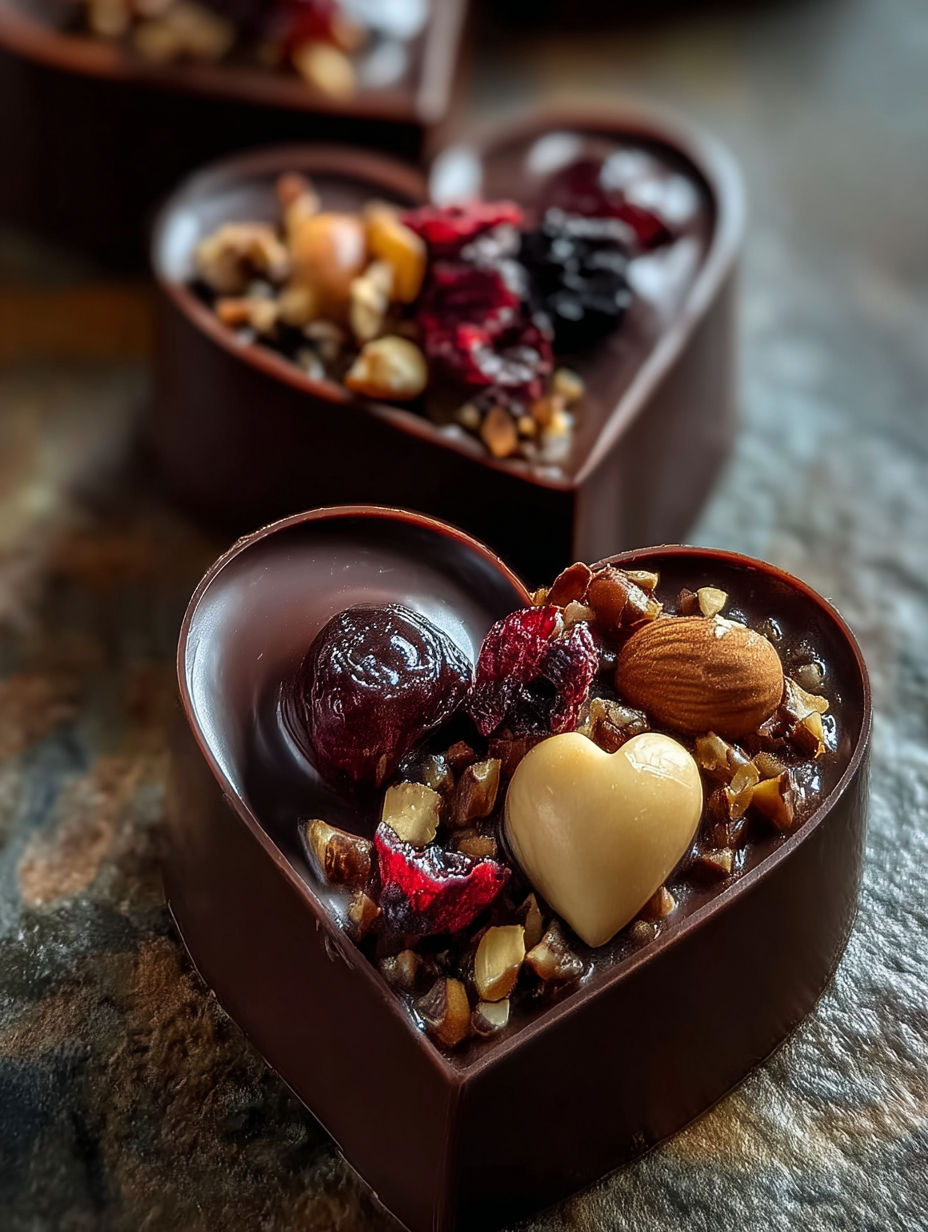 Dos corazones de chocolate rellenos con nueces y fruta.