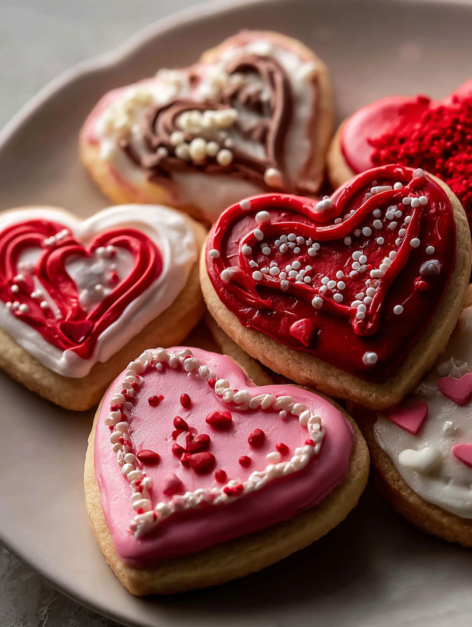 Un plato con galletas en forma de corazón cubiertas de glaseado rojo.