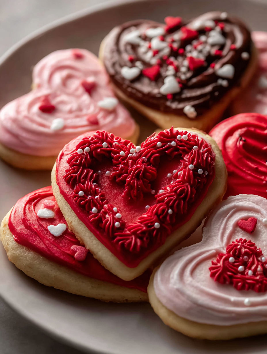 Un plato con galletas en forma de corazón cubiertas de glaseado rojo.