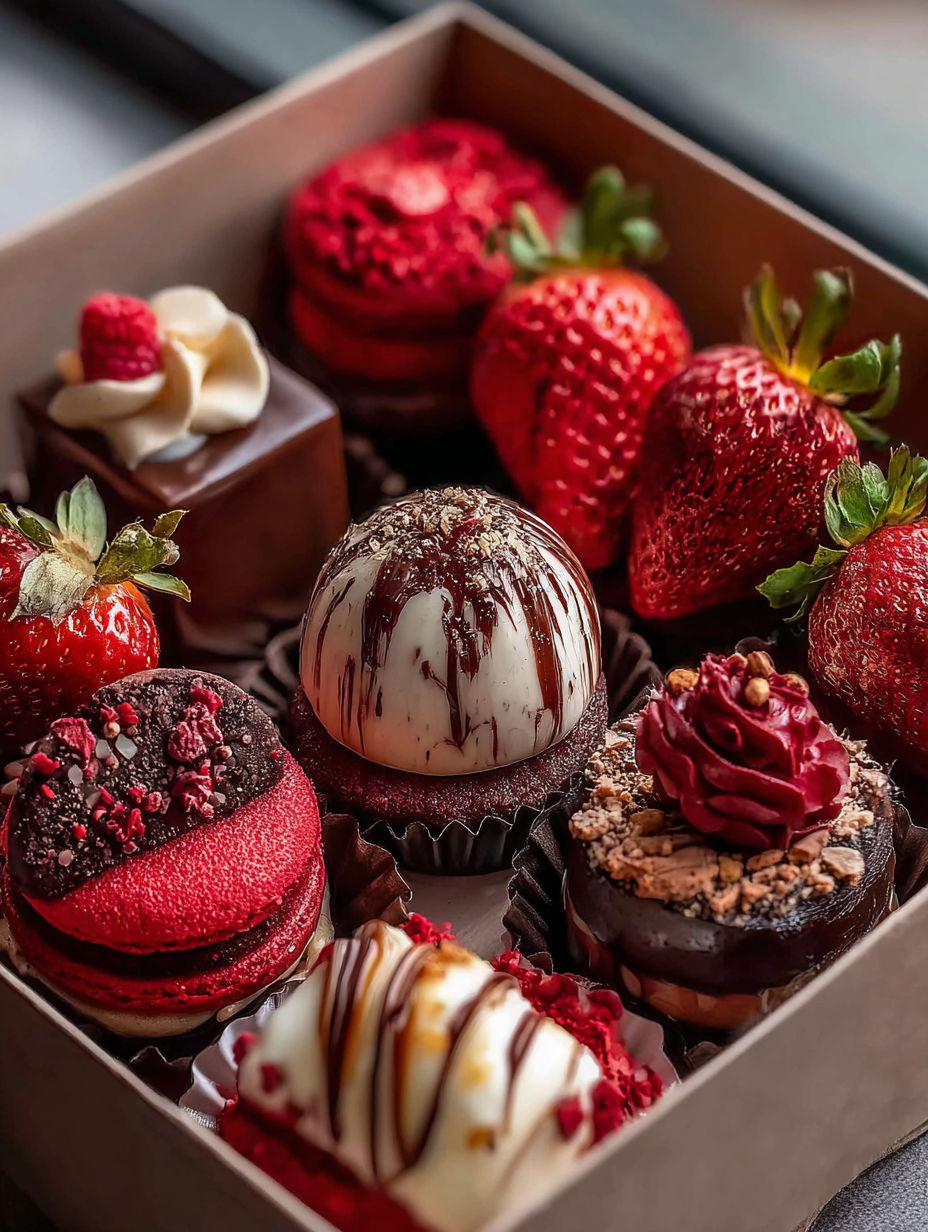 Una caja de chocolates y fresas.