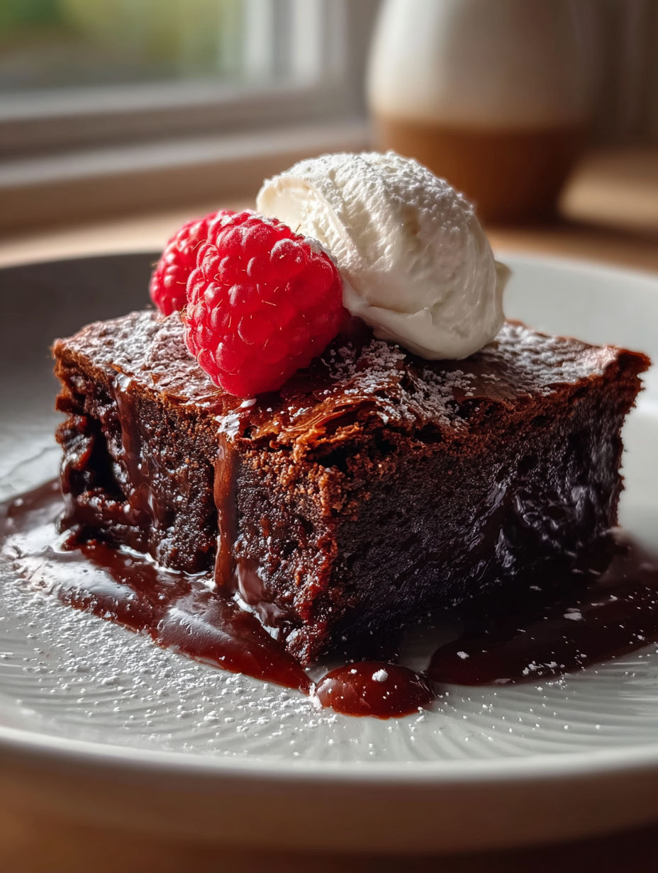 Un postre de chocolate con una frambuesa encima.