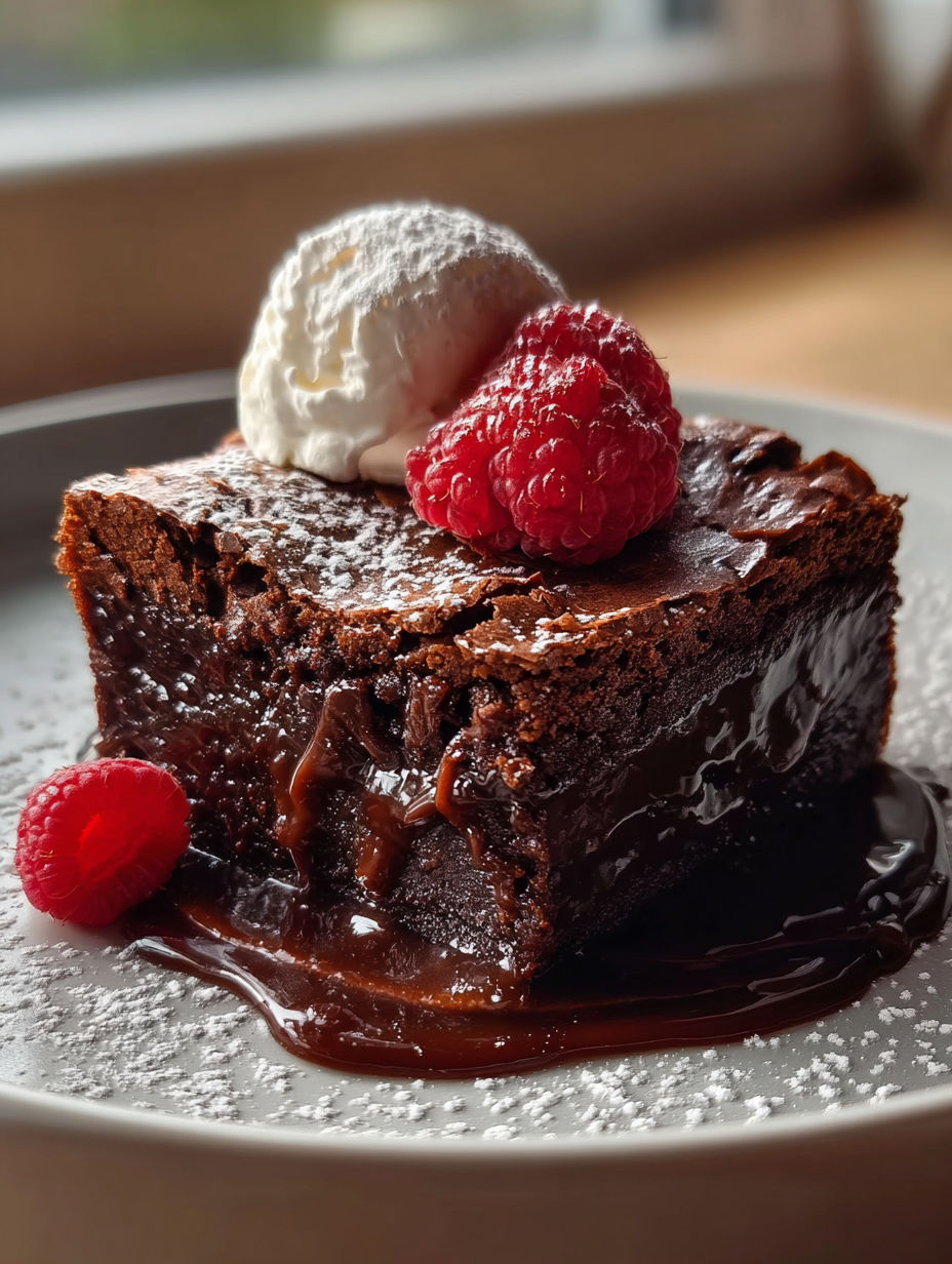 Postre de chocolate con crema blanca y una frambuesa encima.