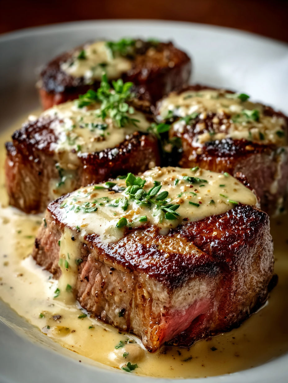 Detalle de un pedazo de carne con salsa de ajo.