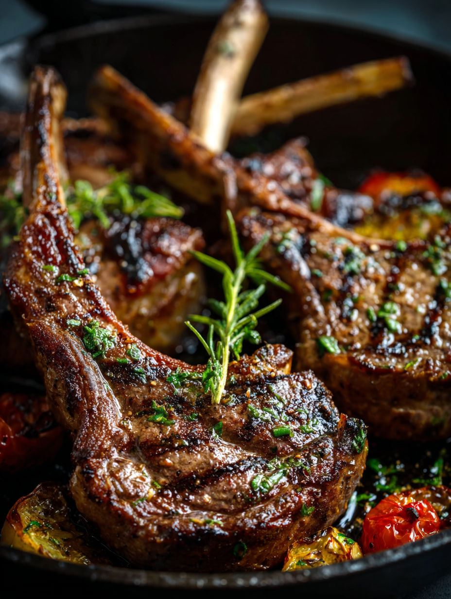 Detalle de chuletas griegas con hierbas.