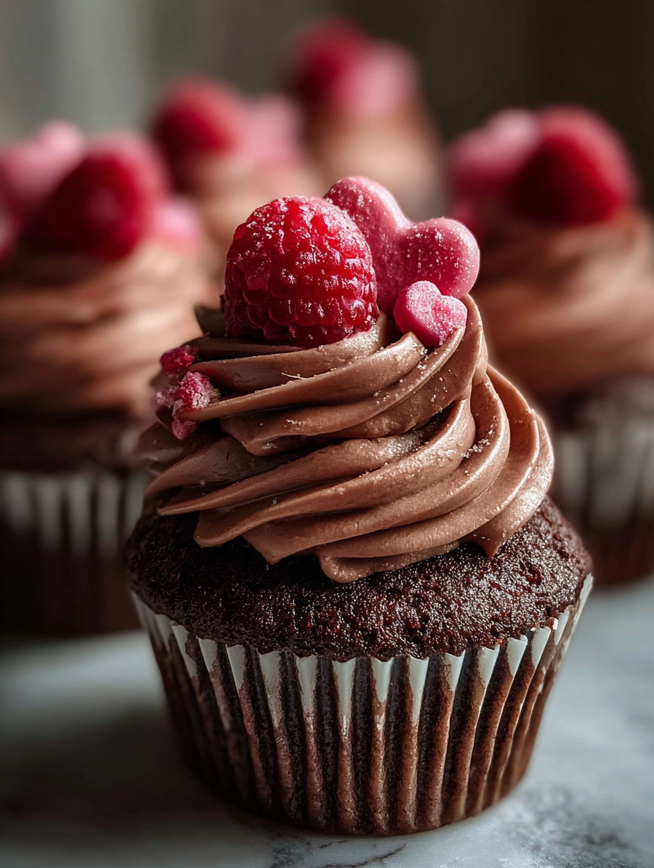 Un cupcake con glaseado de chocolate y frambuesas en la cima.