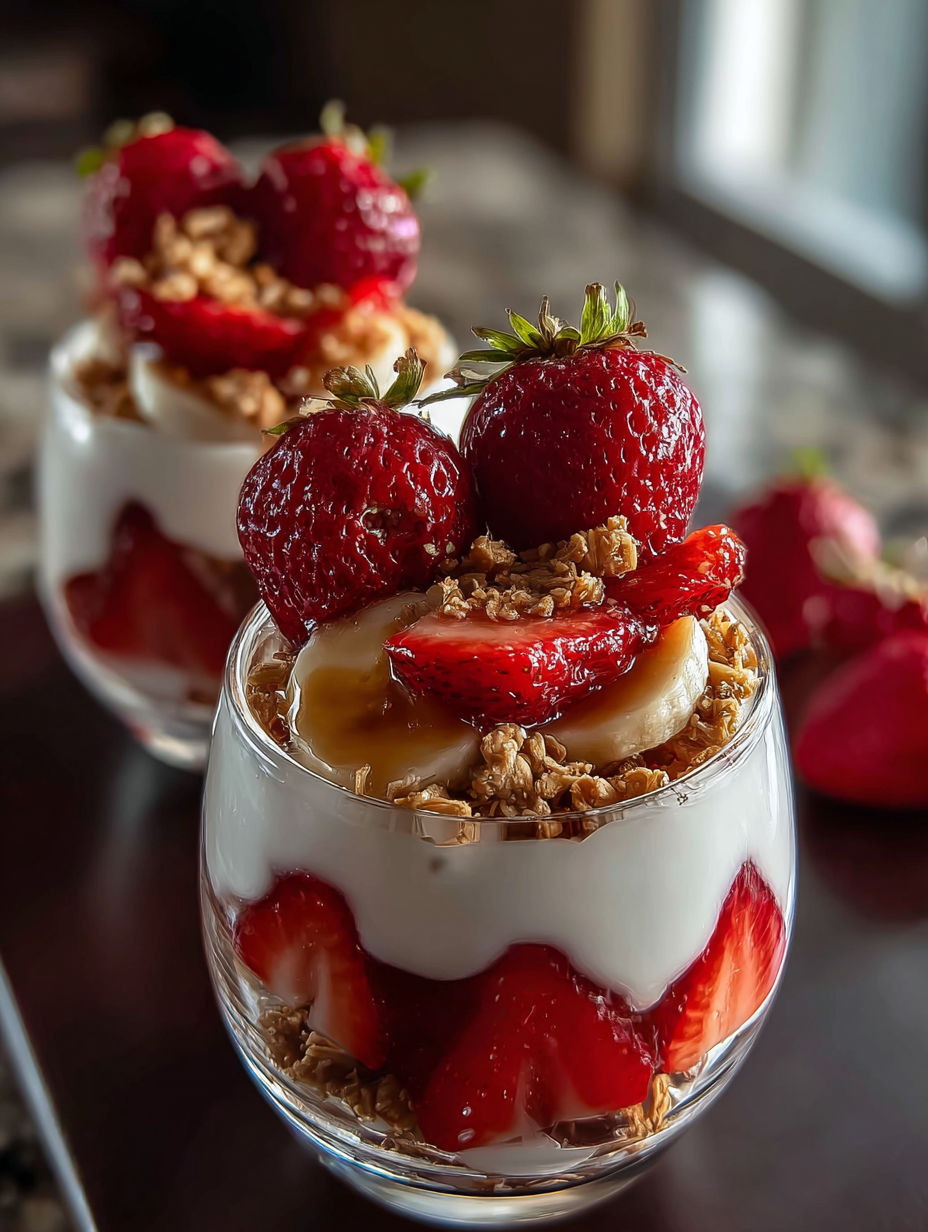 Un tazón de yogur con fresas y granola.