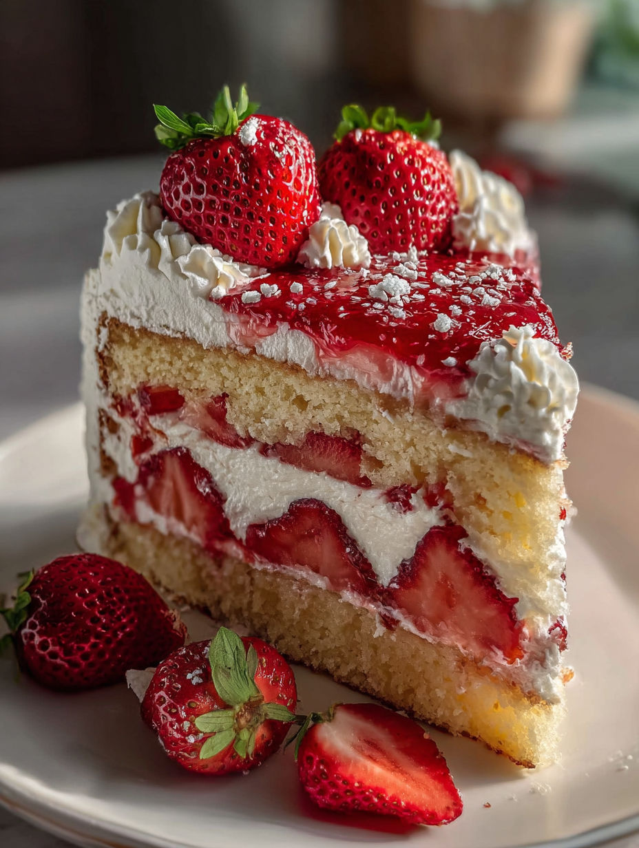 Una porción de pastel con fresas encima.