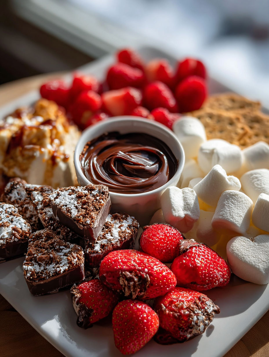 Un plato con chocolate y fresas.
