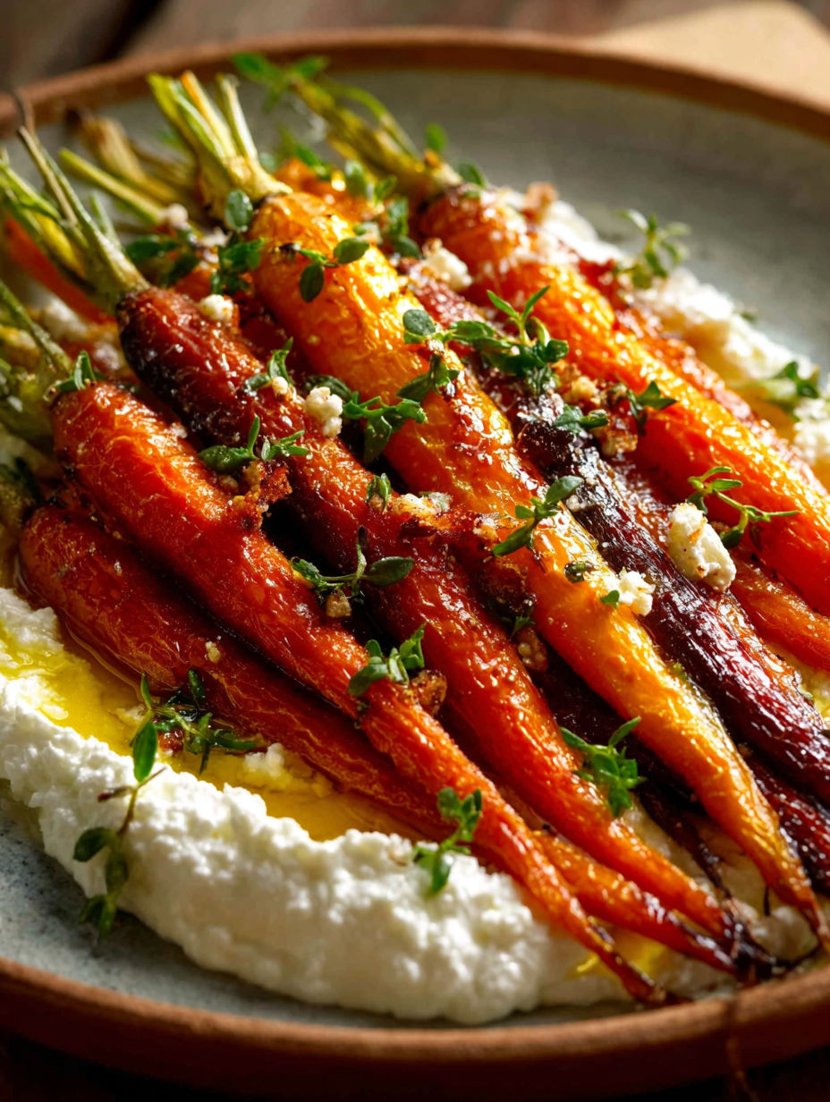 Zanahorias asadas con ricotta batida y miel picante.