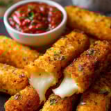 Un bol con palitos de queso y salsa para mojar.