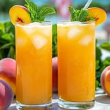 Dos vasos de limonada con durazno y hojas de menta fresca.