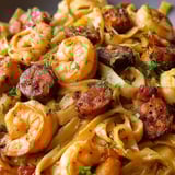 Un plato de pasta cremosa con camarones estilo Jamaica.
