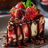 Porción de pastel con fresas y un toque de chocolate por encima.