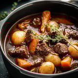 Olla con carne y verduras cocidas.