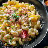 Un cuenco de pasta con jitomates y queso.