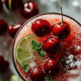 Vaso de jugo de cereza con una cereza arriba.